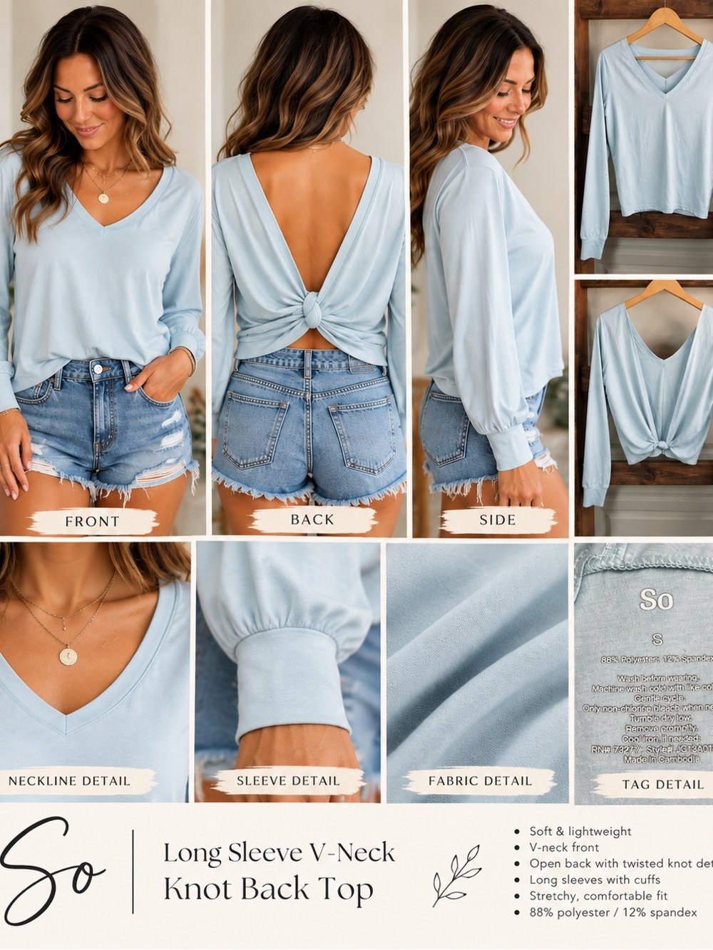 So Light Blue V-Neck Open Twist Back Long Sleeve Top Size S